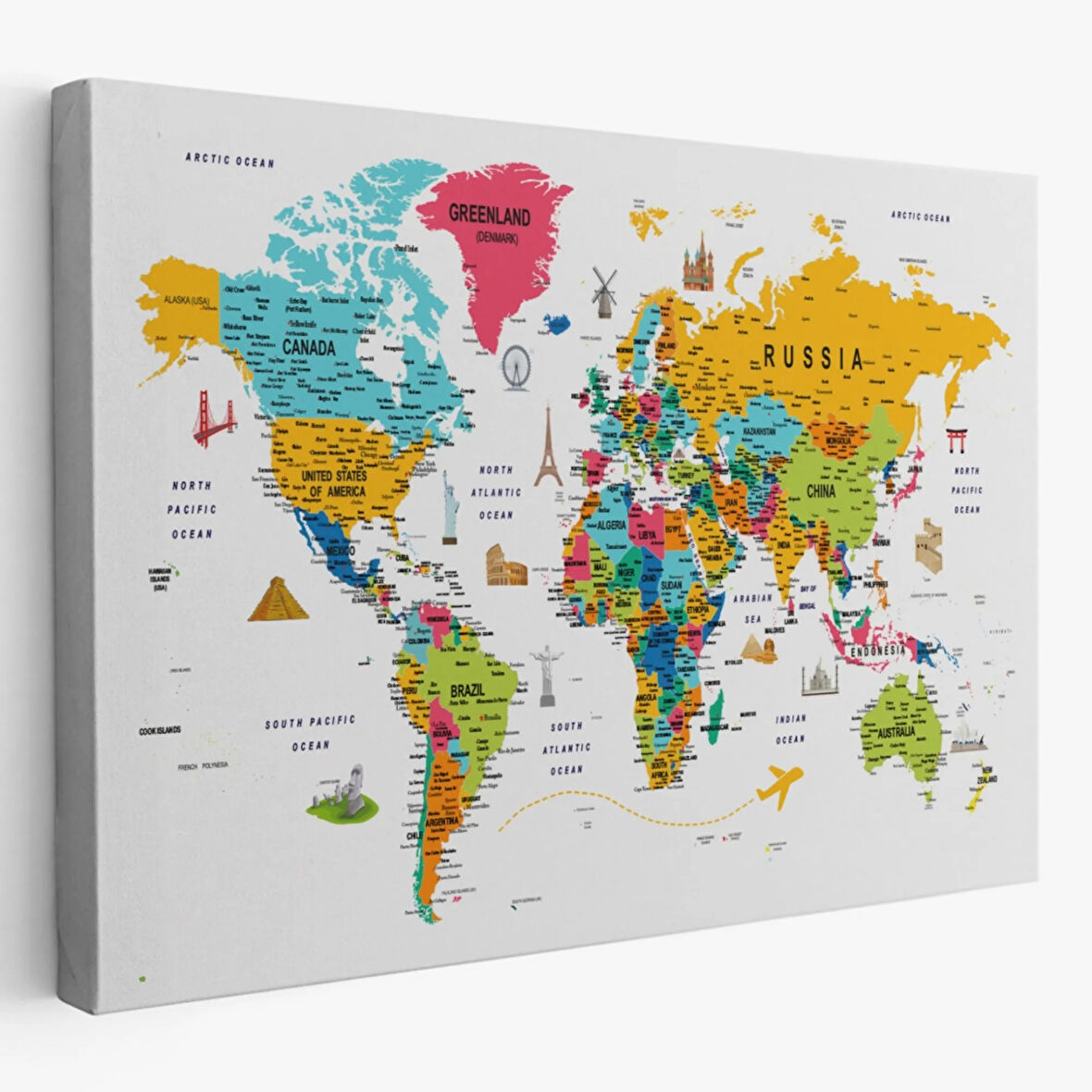 Eğitici Detaylı Sembollü İngilizce Dünya Haritası Dekoratif Kanvas Tablo, Duvar Dekoru 3213
