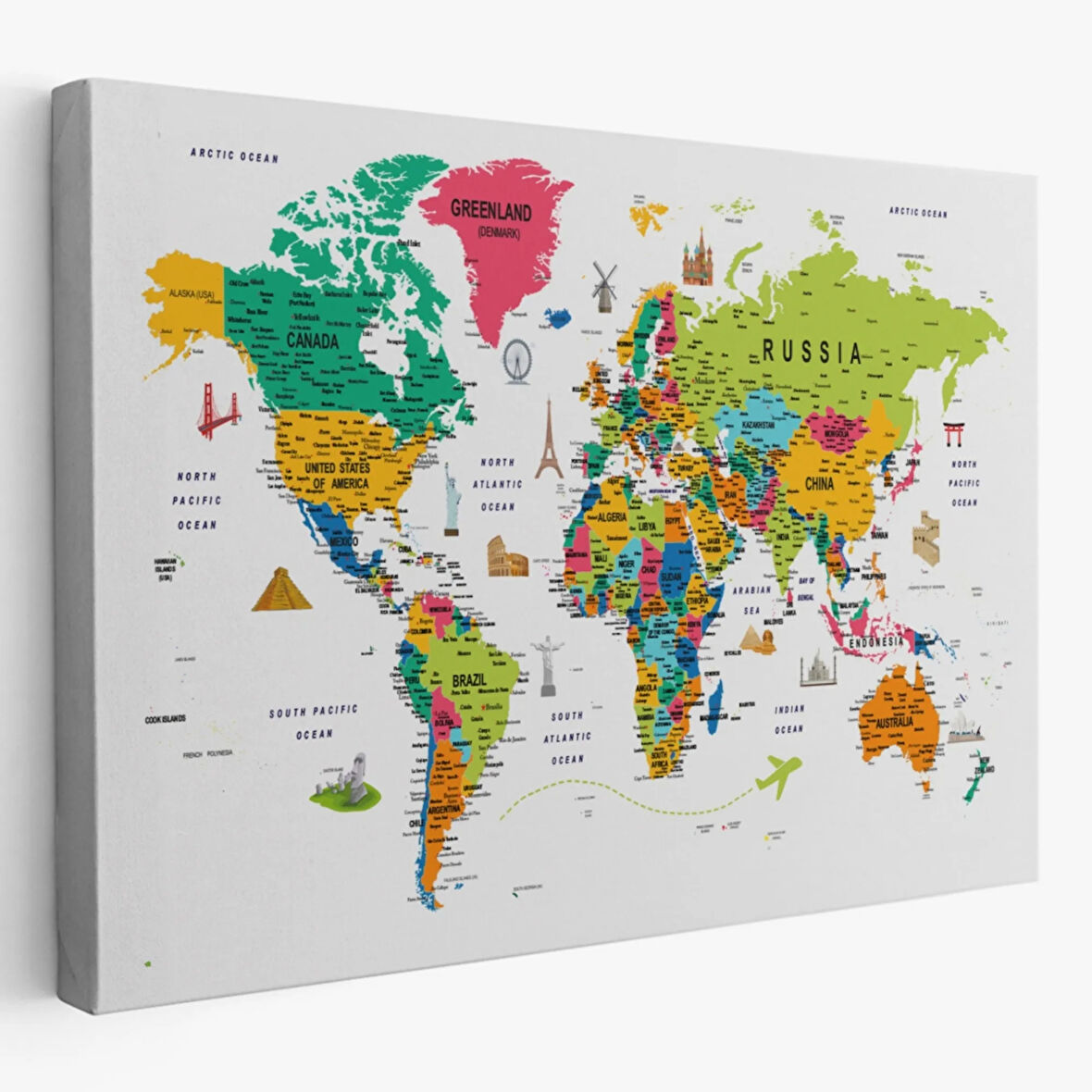 Eğitici Detaylı Sembollü İngilizce Dünya Haritası Dekoratif Kanvas Tablo, Duvar Dekoru 3215