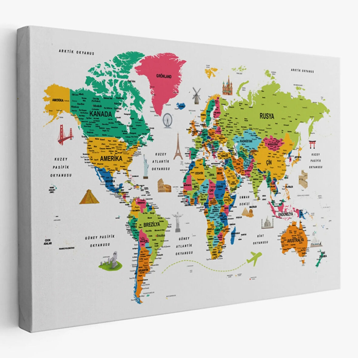 Eğitici Detaylı Sembollü Türkçe Dünya Haritası Dekoratif Kanvas Tablo, Duvar Dekoru 3216