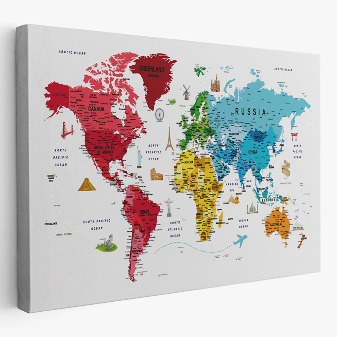 Eğitici Detaylı Sembollü İngilizce Dünya Haritası Dekoratif Kanvas Tablo, Duvar Dekoru 3223