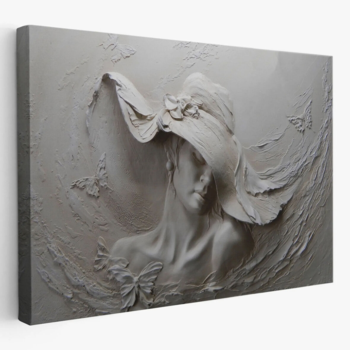 Şapkalı Kadın Kabartma Görünümlü Dekoratif Kanvas Tablo, Duvar Dekoru 3424