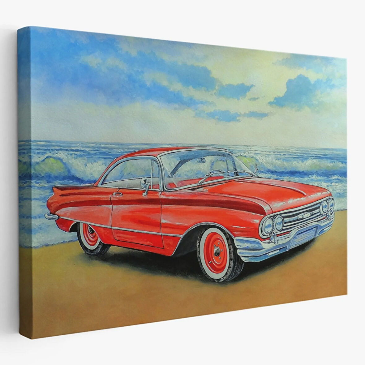 Yağlıboya Görünüm Kızmızı Retro Tarz Araba Dekoratif Kanvas Tablo, Duvar Dekoru 3499
