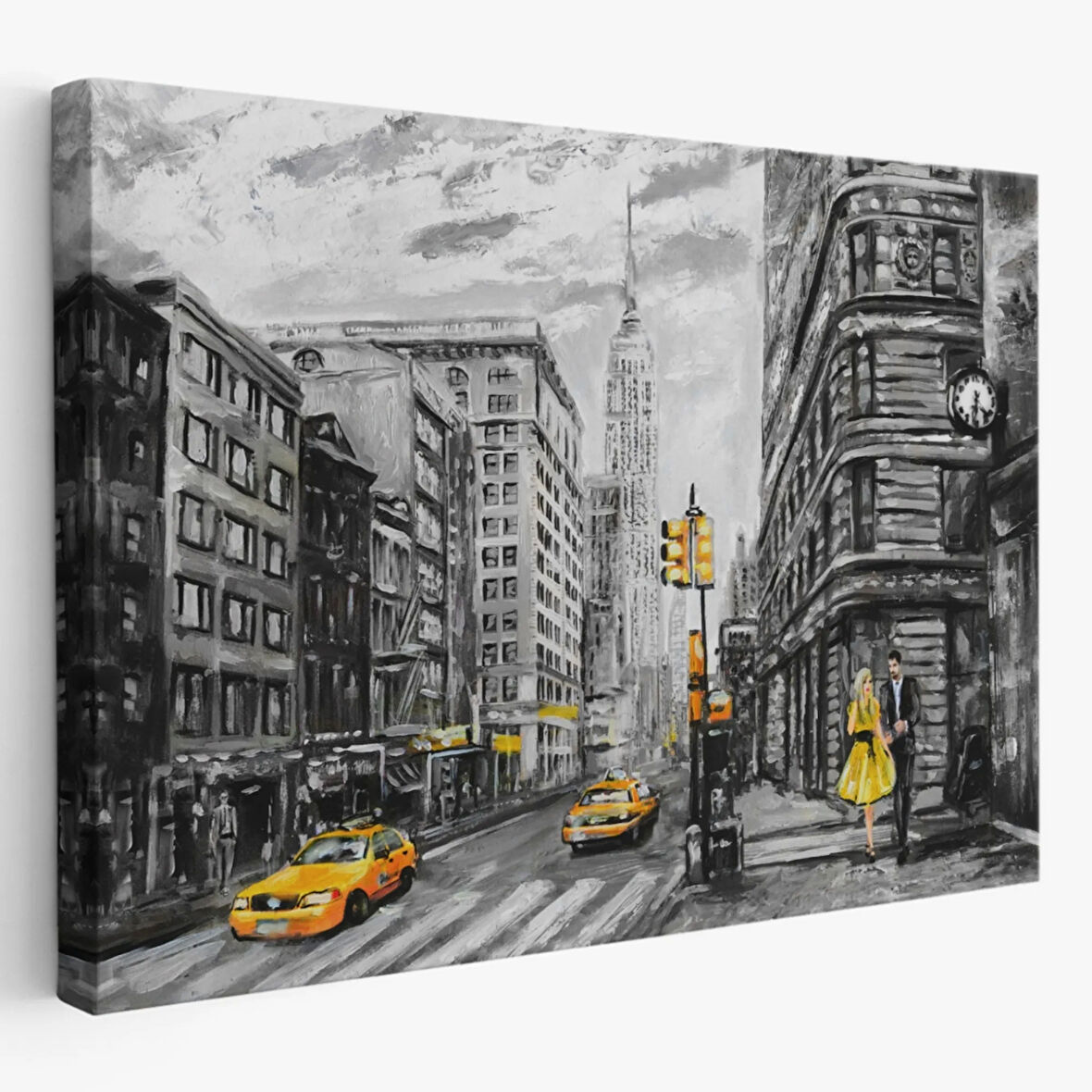 Yağlıboya Görünüm Sarı Taksi ve NewYork Sokakları Dekoratif Kanvas Tablo, Duvar Dekoru 3500