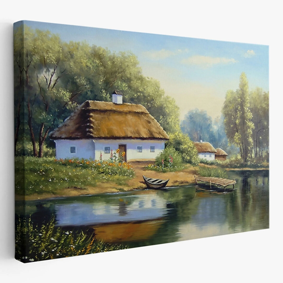 Yağlıboya Görünüm Köy Evi ve Göl Manzarası Dekoratif Kanvas Tablo, Duvar Dekoru 3510