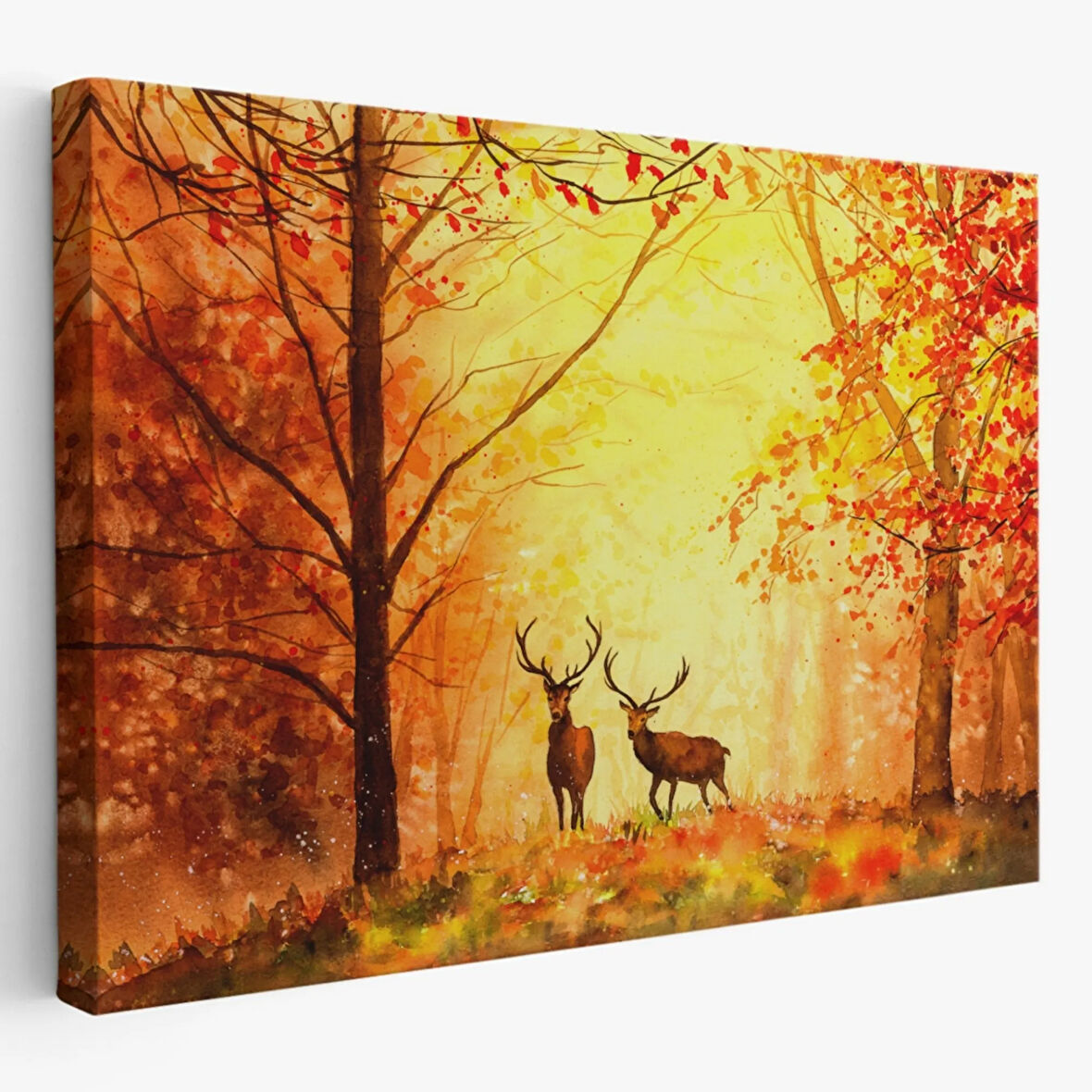 Yağlıboya Görünüm Ormandaki Geyikler ve Sonbahar Dekoratif Kanvas Tablo, Duvar Dekoru 3643