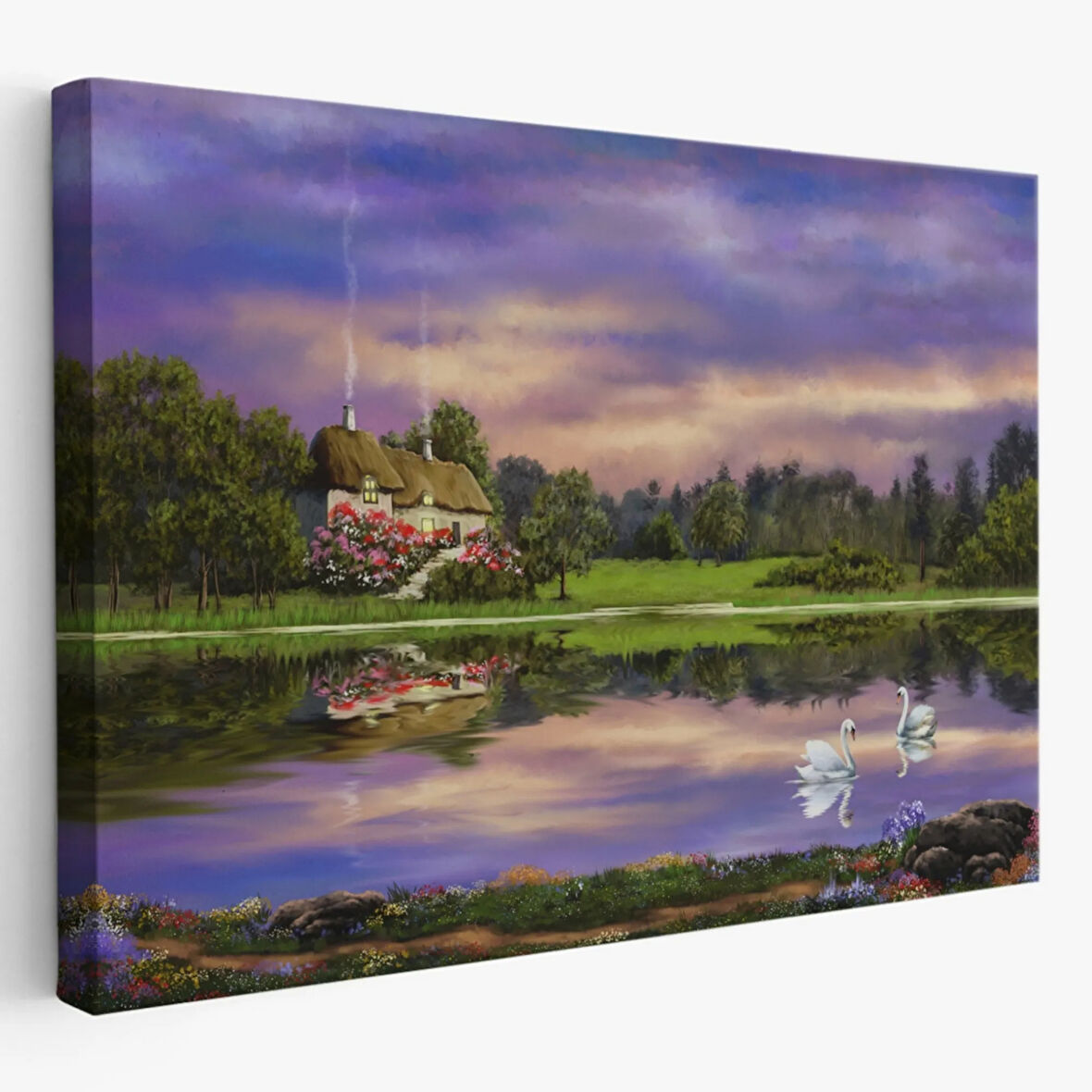 Yağlıboya Görünüm Göl Kıyısındaki Orman Evi Dekoratif Kanvas Tablo, Duvar Dekoru 3678