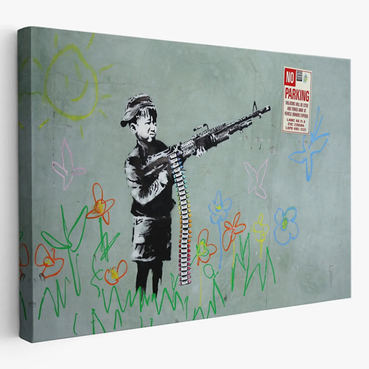 Makineli Tüfek ve Çocuk, No Parking, Banksy Dekoratif Kanvas Tablo, Duvar Dekoru 5008