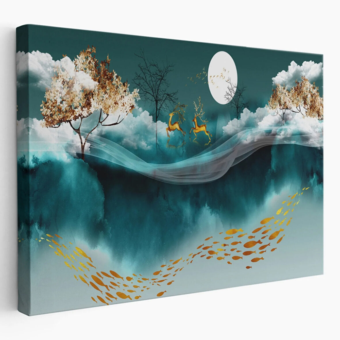 Ormandaki Koşan Geyikler Dijital Sanat Dekoratif Kanvas Tablo, Duvar Dekoru 5040