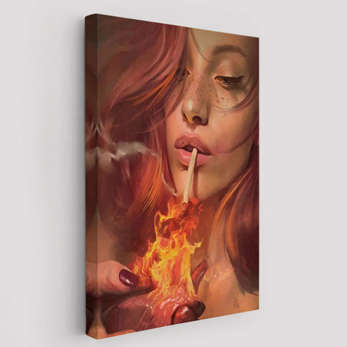 Platonik Aşkın Tavrı Sigarasını Kalpten Yakan Kadın Dekoratif Kanvas Tablo, Duvar Dekoru 5247