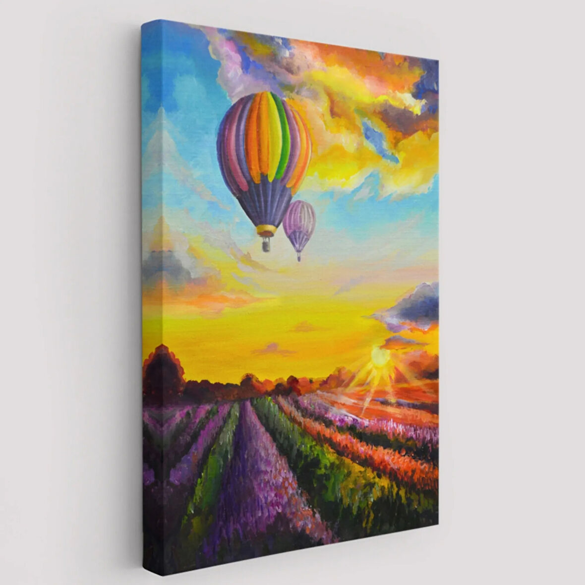 Yağlıboya Görünüm Lavanta Bahçesi ve Uçan Hava Balonu Dekoratif Kanvas Tablo, Duvar Dekoru 5940