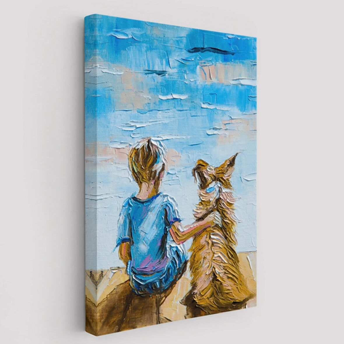 Göl Kenarı, Çocuk ve Köpeği Dekoratif Kanvas Tablo, Duvar Dekoru 5984