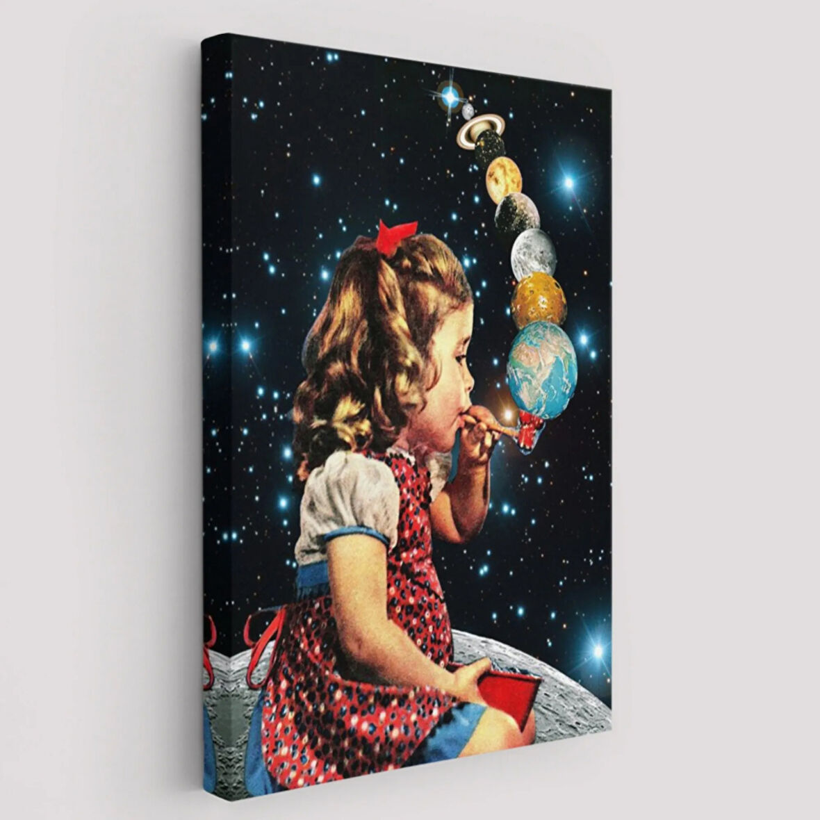 Galaksiler İle Oynayan Kız Dekoratif Kanvas Tablo, Duvar Dekoru 6042