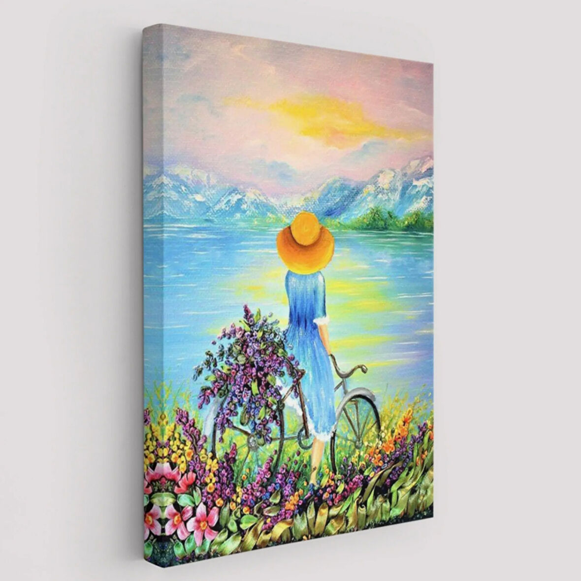 Bisikletli Kız ve Göl Kenarı Dekoratif Kanvas Tablo, Duvar Dekoru 6135