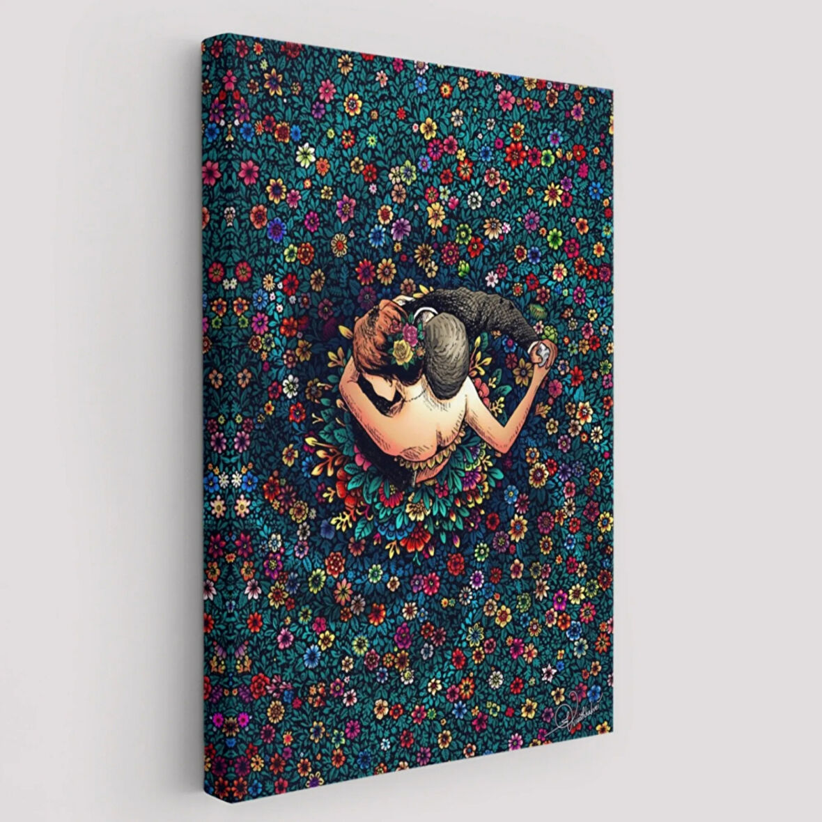 Dans Eden Sevgililer ve Renkli Çiçekler Dekoratif Kanvas Tablo, Duvar Dekoru 6200