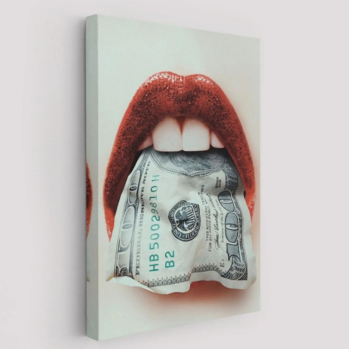 Kadın ve Ağzındaki Dolar Dekoratif Kanvas Tablo, Duvar Dekoru 6260