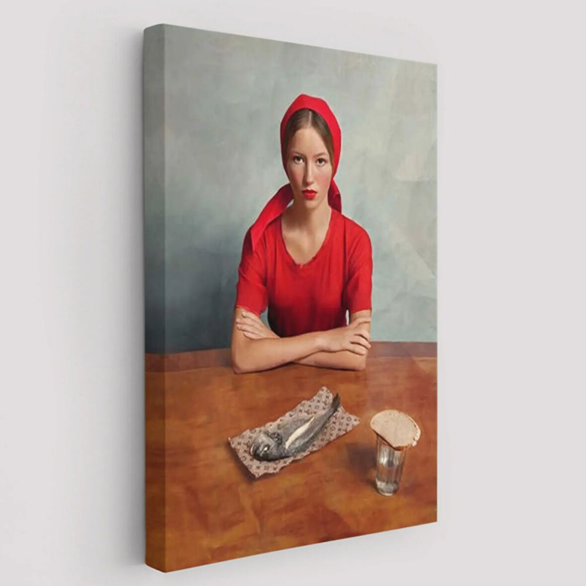 Balık ve Kırmızı Kıyafetli Kız Dekoratif Kanvas Tablo, Duvar Dekoru 6264