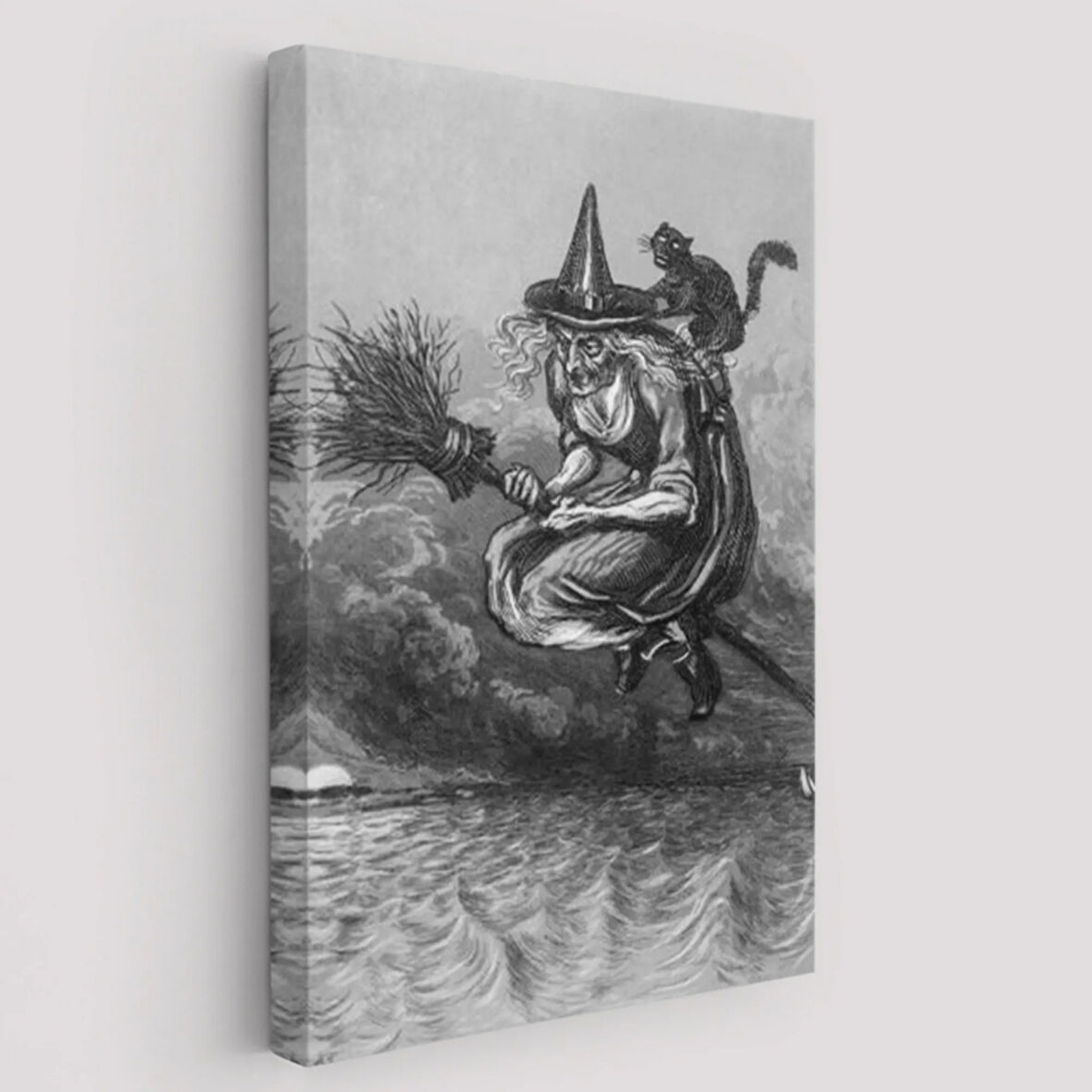 Süpürgeli Yaşlı Cadı ve Kedisi, Cadılar Bayramı Dekoratif Kanvas Tablo, Duvar Dekoru 6304