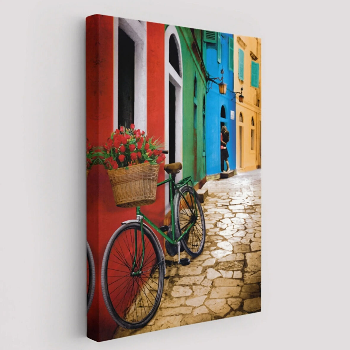 Çiçekli Bisiklet Sokakta Dekoratif Kanvas Tablo, Duvar Dekoru 6453