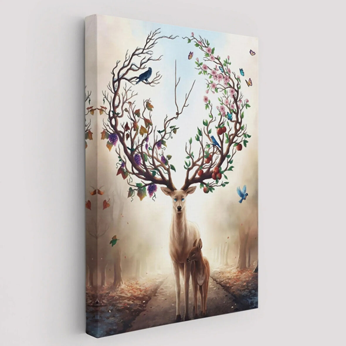 Geyik Boynuzunda Renkli Kuşlar Dekoratif Kanvas Tablo, Duvar Dekoru 6477