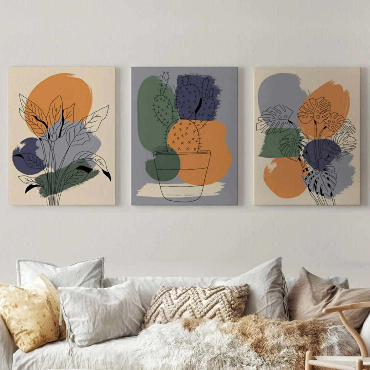 Bohem Minimal 3'lü İskandinav Tarzı Set Dekoratif Kanvas Tablo, Duvar Dekoru AF6