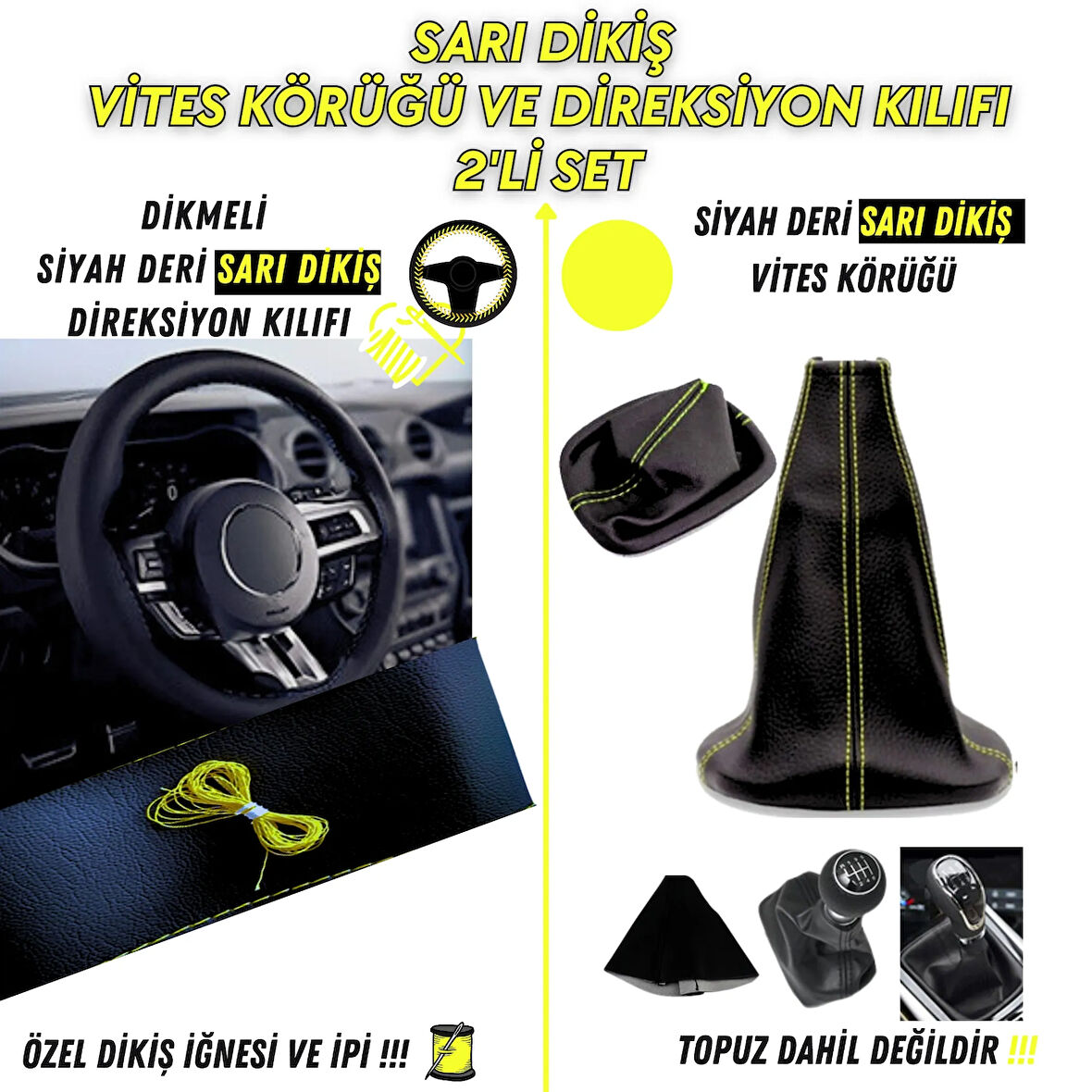 Ford Connect 2002-2013 Uyumlu Dikişli Vites Körüğü ve Direksiyon Kılıfı 2'li Set