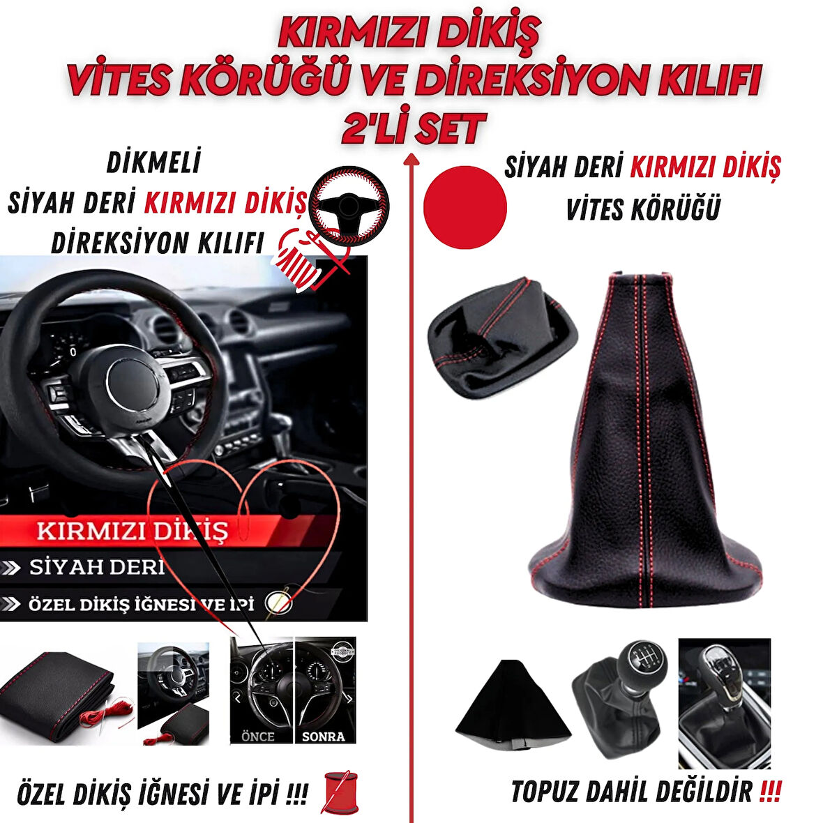 Ford Escort Uyumlu Dikişli Vites Körüğü ve Direksiyon Kılıfı 2'li Set
