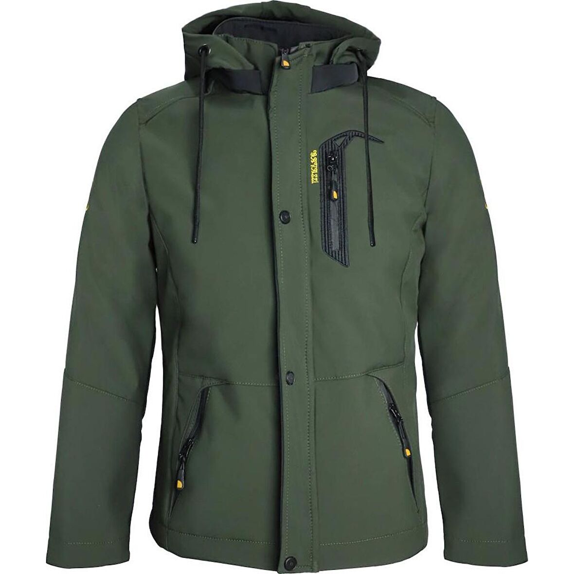 Erkek Haki Kapüşonlu Su Ve Rüzgar Geçirmez Cep Detaylı İçi Kürklü Softshell Mont