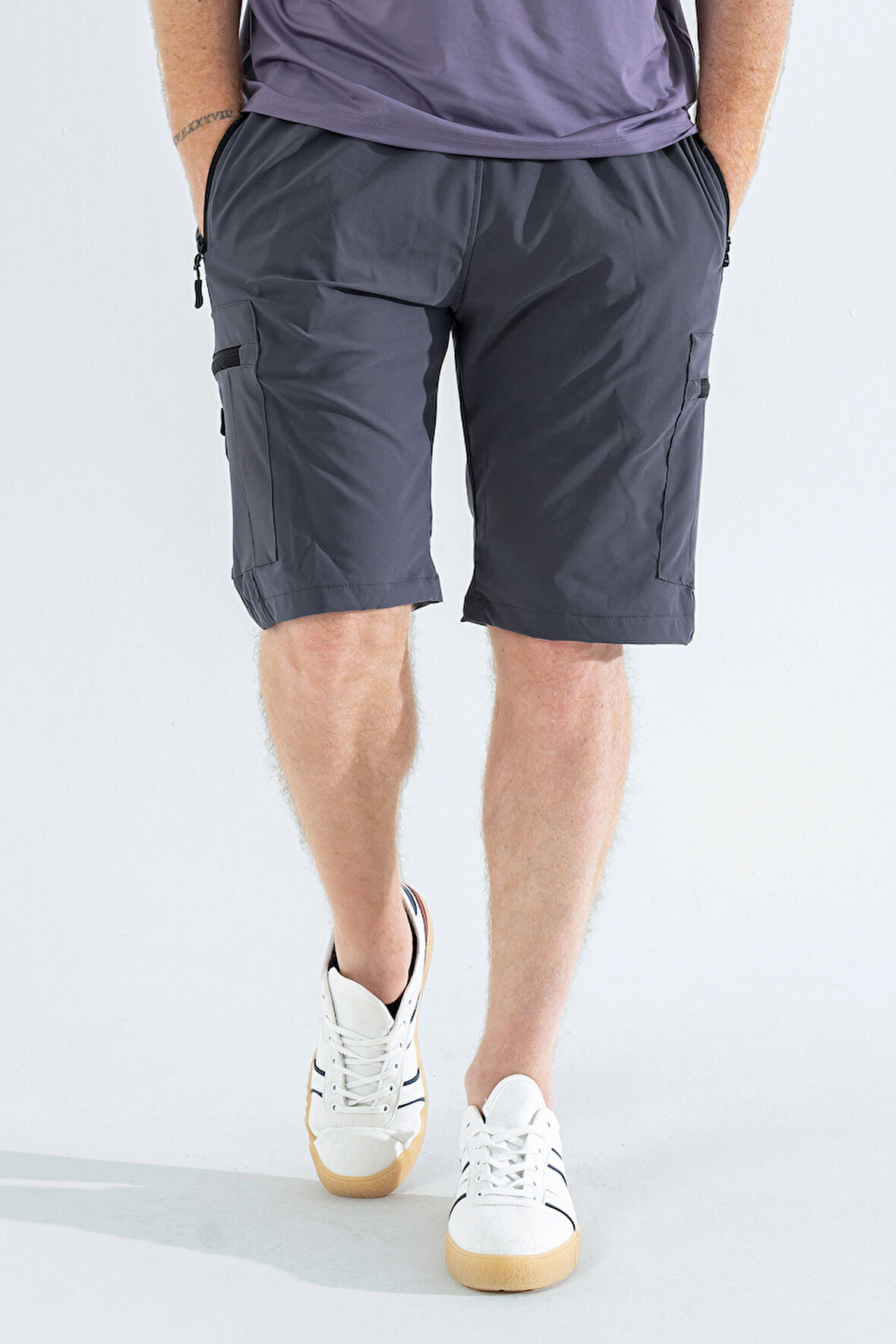 Erkek Gri Nefes Alan Likralı Kumaş 5 Cepli Outdoor Kargo Kapri Şort