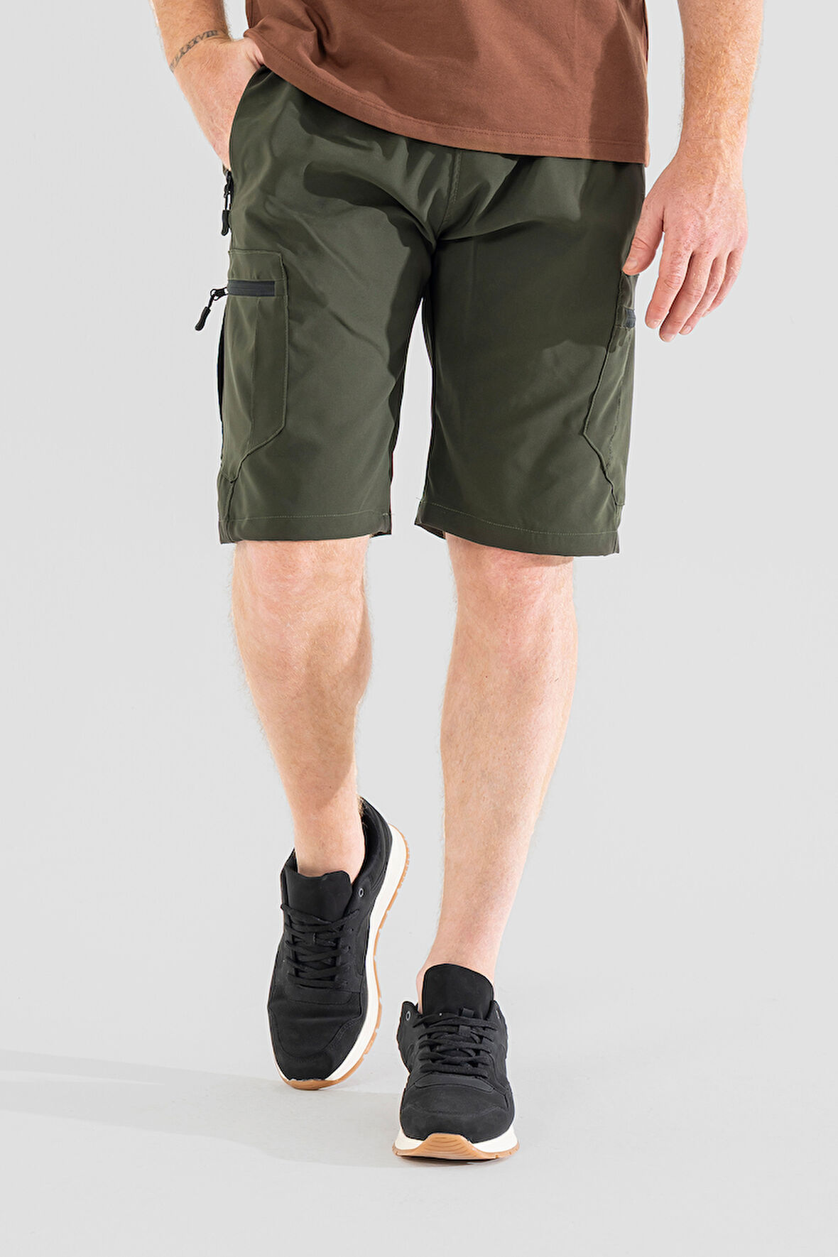 Erkek Haki Nefes Alan Likralı Kumaş 5 Cepli Outdoor Kargo Kapri Şort