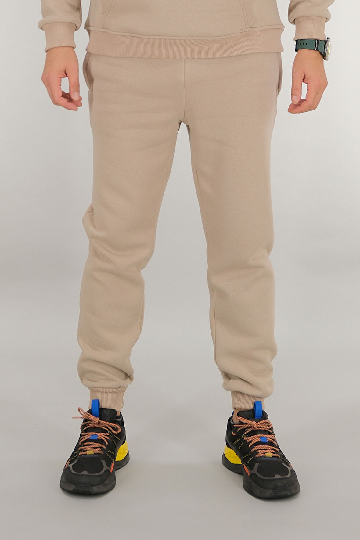 Erkek Bej Eşofman Altı Rahat Kesim 3 iplik Şardonlu İpli Ribana Bel