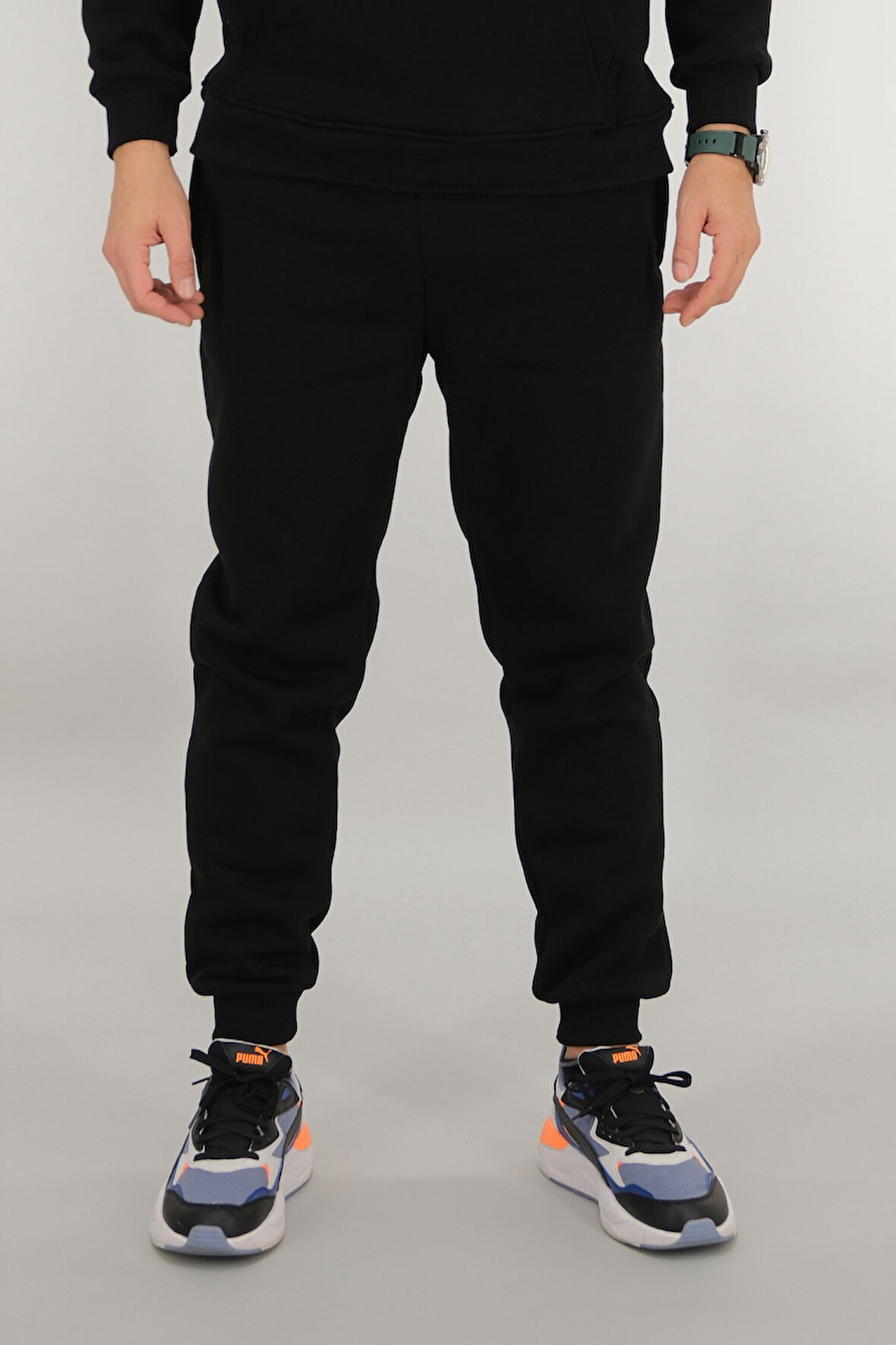 Erkek Siyah Eşofman Altı Rahat Kesim 3 iplik Şardonlu İpli Ribana Bel