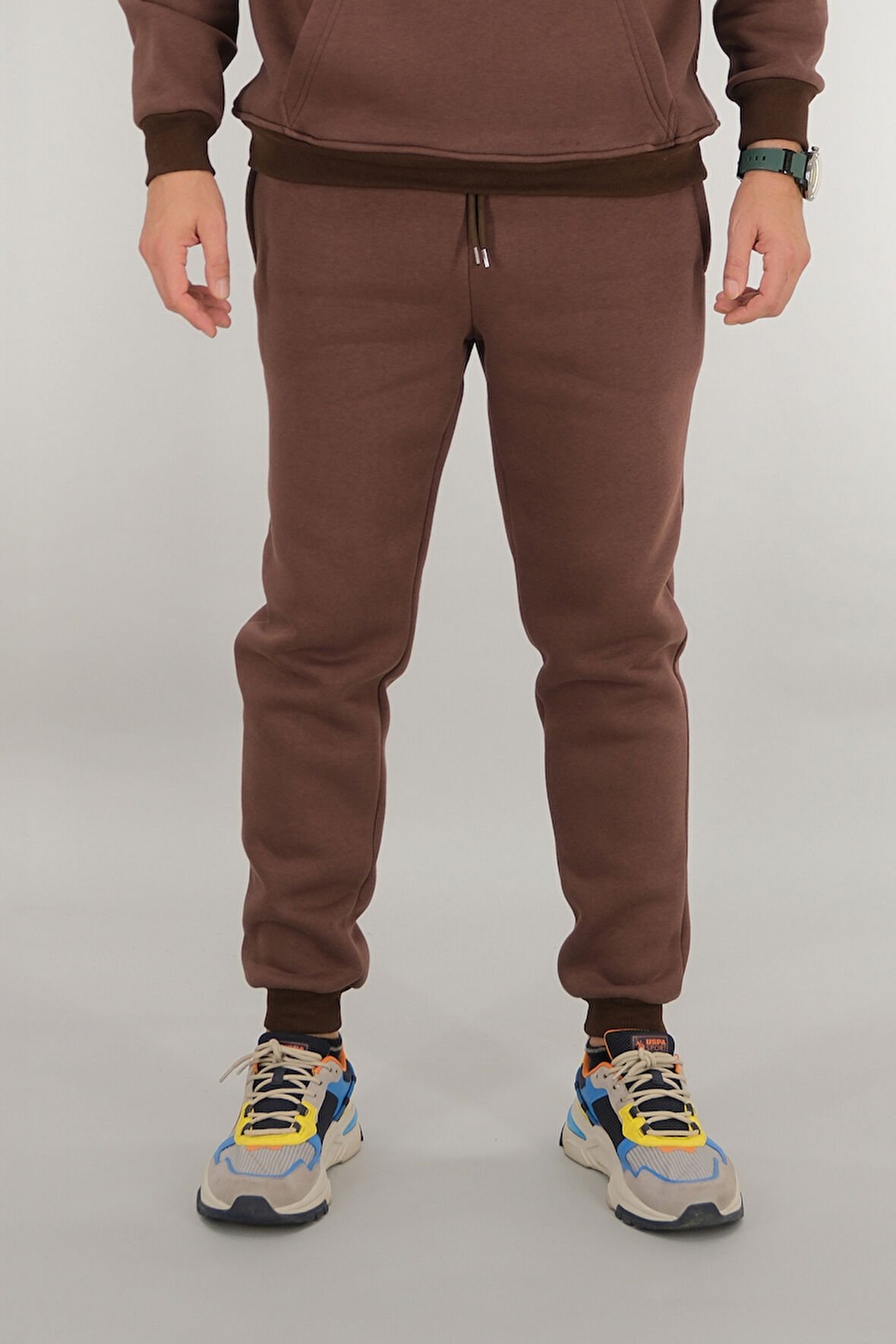 Erkek Kahverengi Eşofman Altı Rahat Kesim 3 iplik Şardonlu İpli Ribana Bel