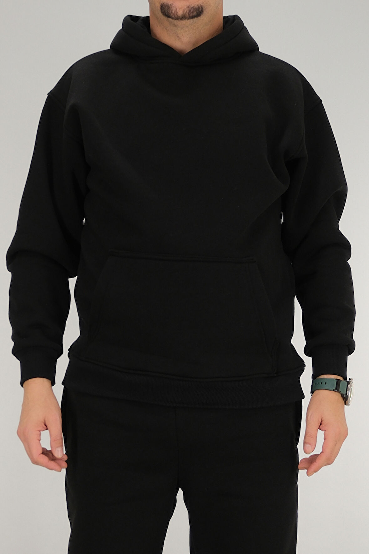 Erkek Siyah Oversize Kapüşonlu Sweatshirt 3 iplik Şardonlu Kanguru Cepli