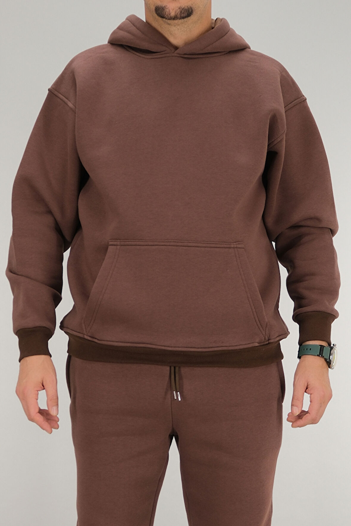 Erkek Kahverengi Oversize Kapüşonlu Sweatshirt 3 iplik Şardonlu Kanguru Cepli