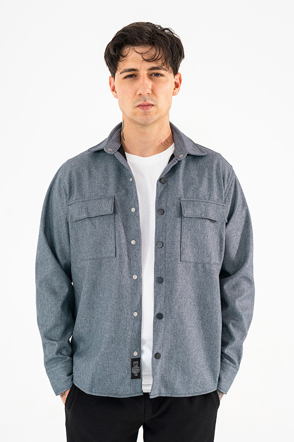 Erkek İndigo Oversize Gömlek Ceket Kapaklı Çift Cepli Çıtçıtlı