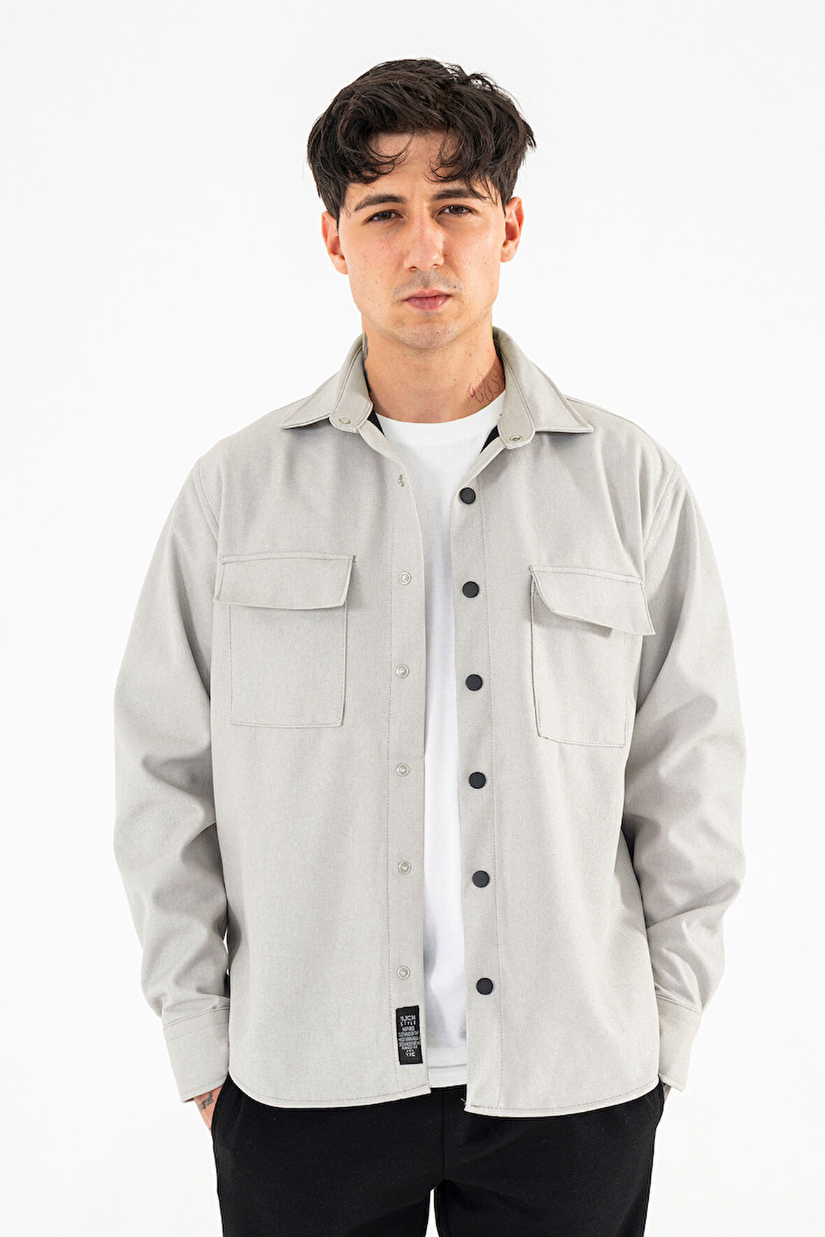 Erkek Açık Gri Oversize Gömlek Ceket Kapaklı Çift Cepli Çıtçıtlı