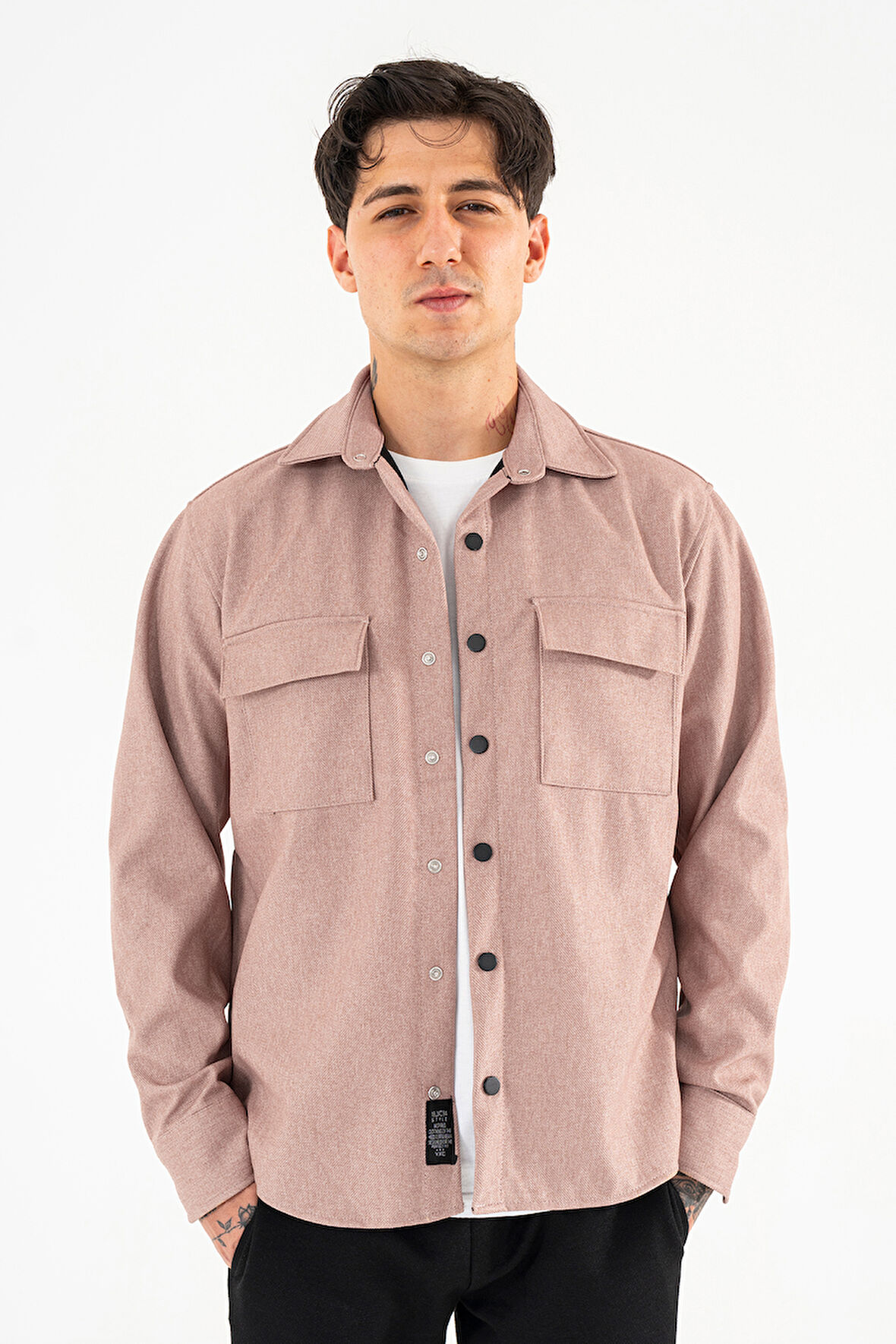 Erkek Vizon Oversize Gömlek Ceket Kapaklı Çift Cepli Çıtçıtlı