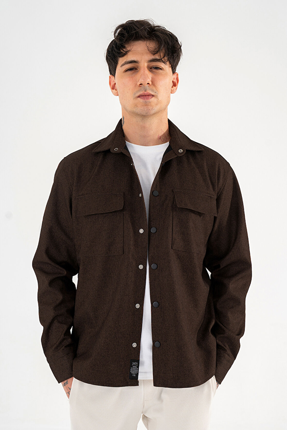 Erkek Kahverengi Oversize Gömlek Ceket Kapaklı Çift Cepli Çıtçıtlı