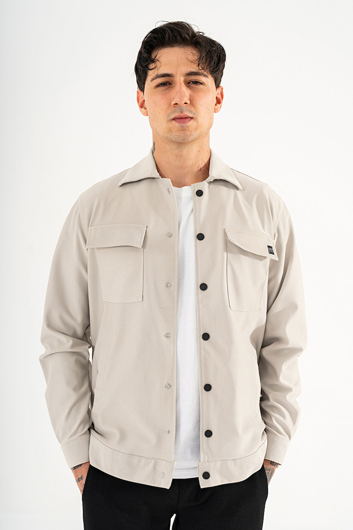 Erkek Taş Rengi Rahat Kesim Gömlek Ceket Kapaklı Çift Cepli Çıtçıtlı