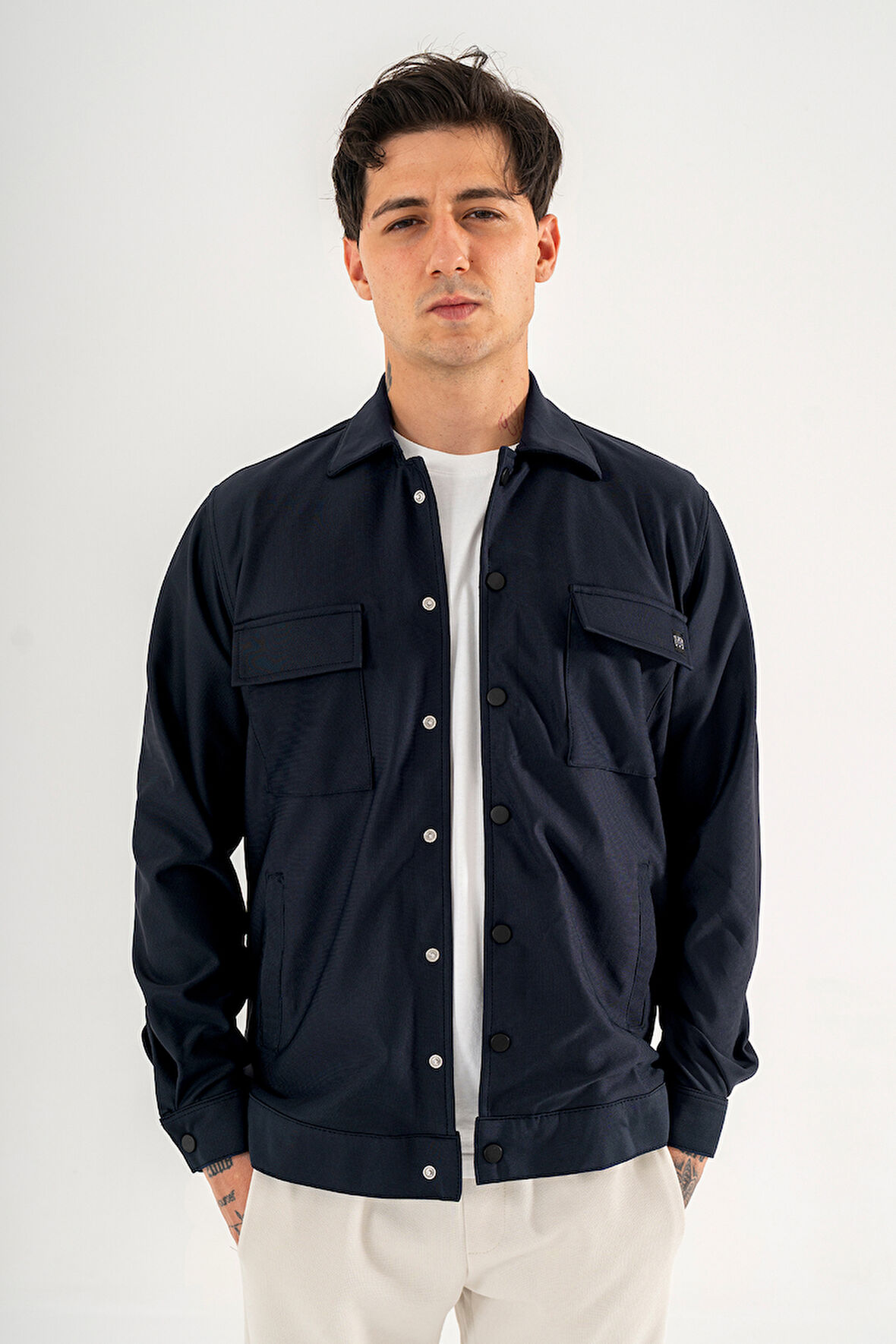 Erkek Lacivert Rahat Kesim Gömlek Ceket Kapaklı Çift Cepli Çıtçıtlı