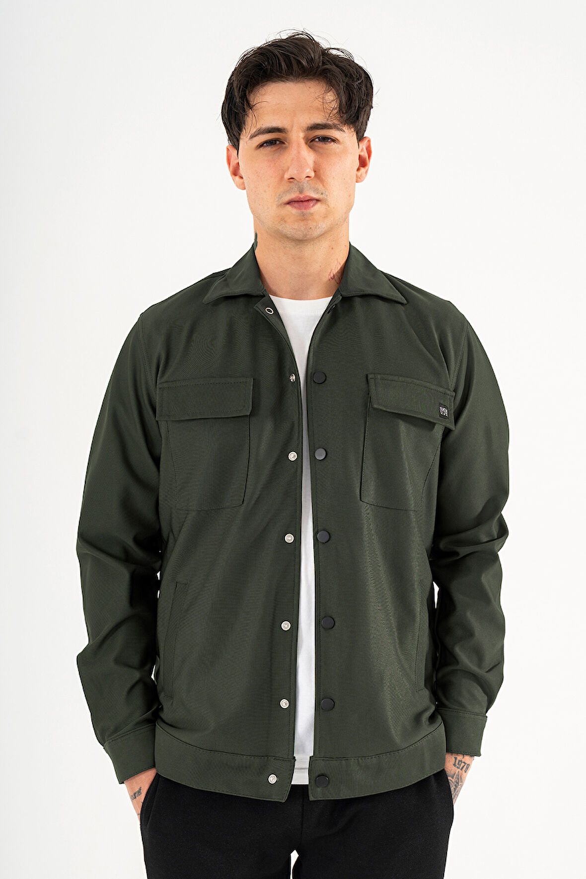 Erkek Haki Rahat Kesim Gömlek Ceket Kapaklı Çift Cepli Çıtçıtlı