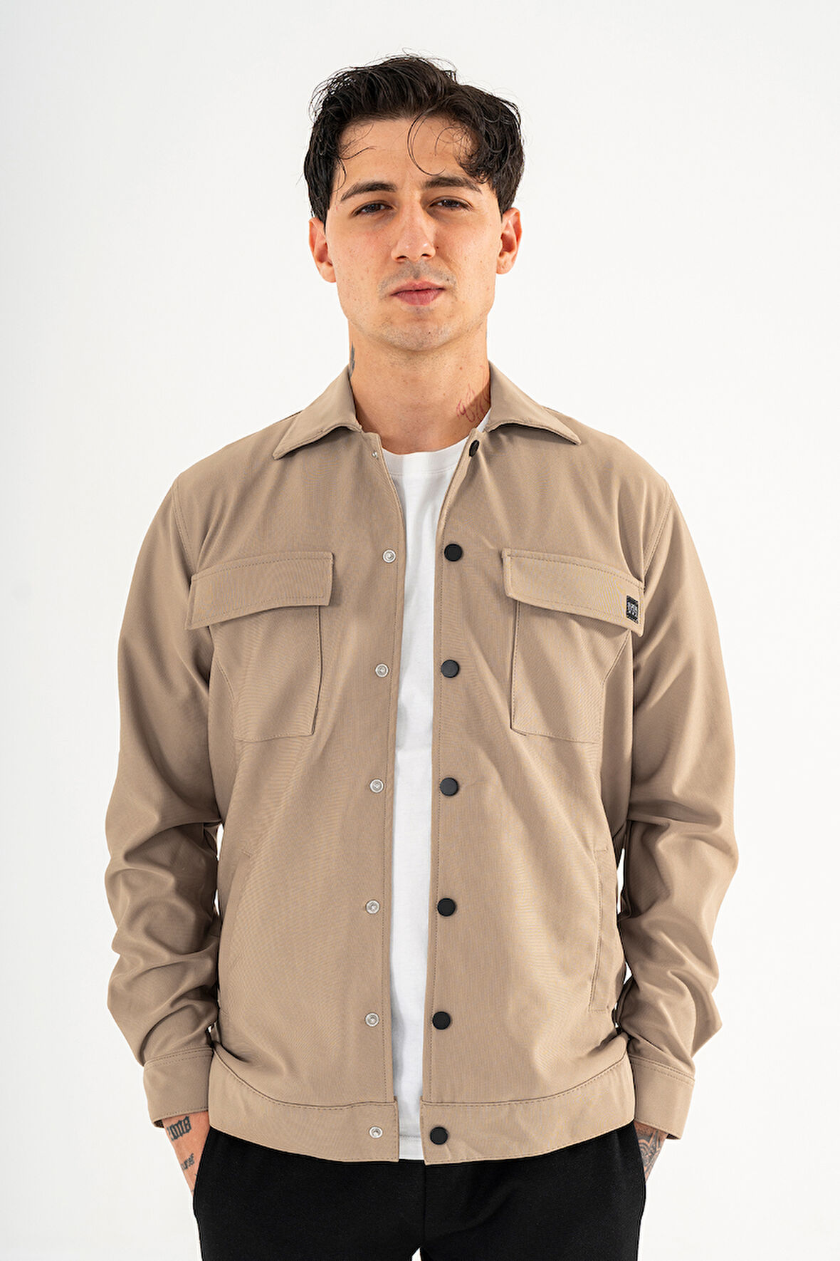 Erkek Camel Rahat Kesim Gömlek Ceket Kapaklı Çift Cepli Çıtçıtlı