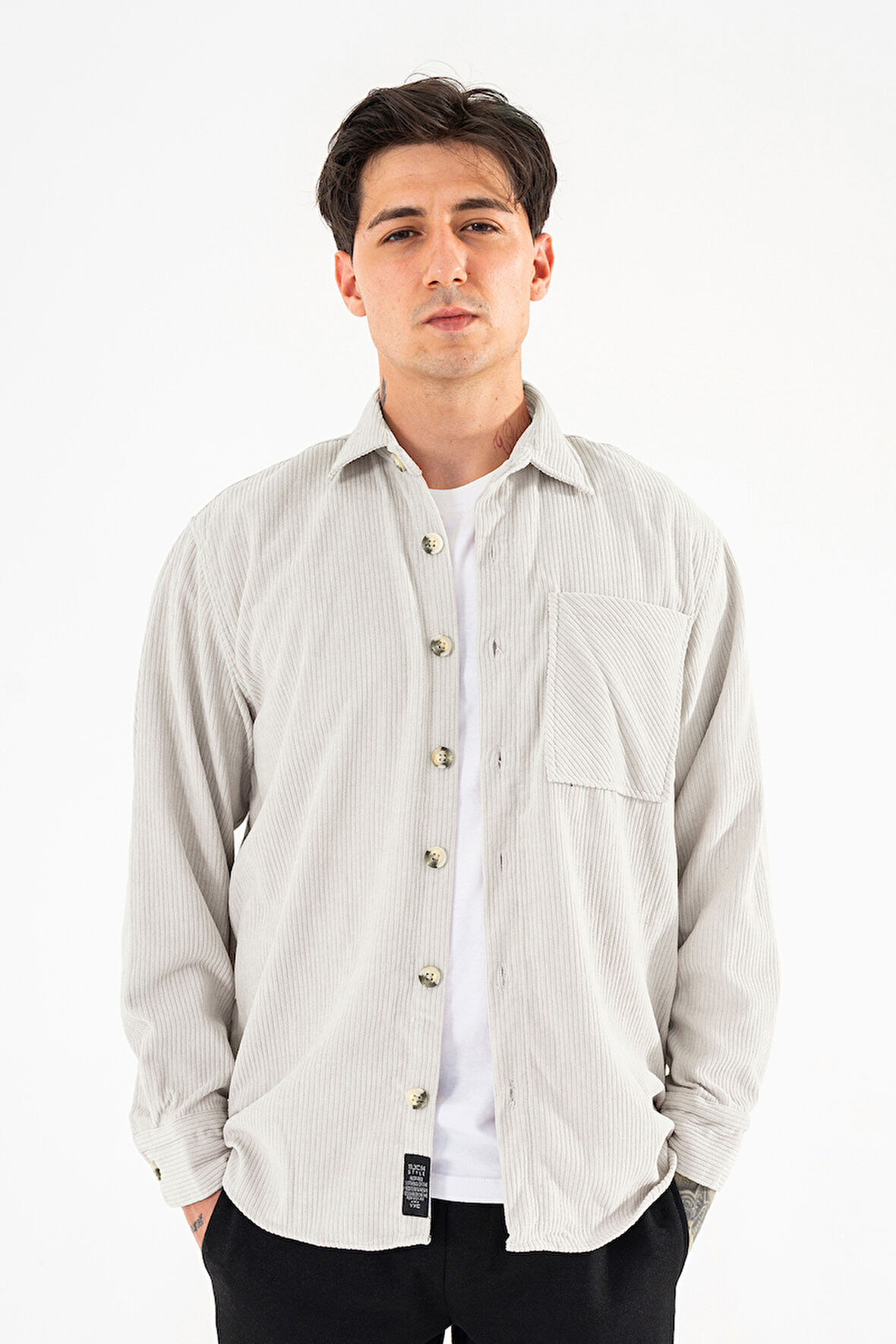 Erkek Kadife Gömlek Taş Rengi Rahat Kesim Uzun Kollu Tek cepli