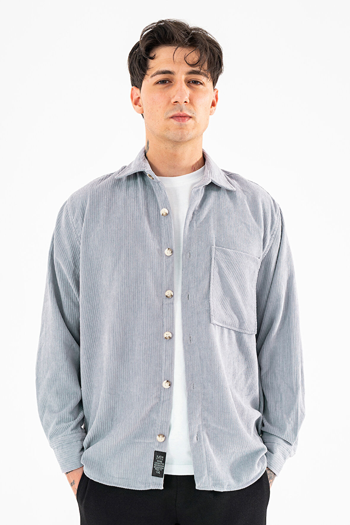 Erkek Kadife Gömlek Açık Gri Rahat Kesim Uzun Kollu Tek cepli