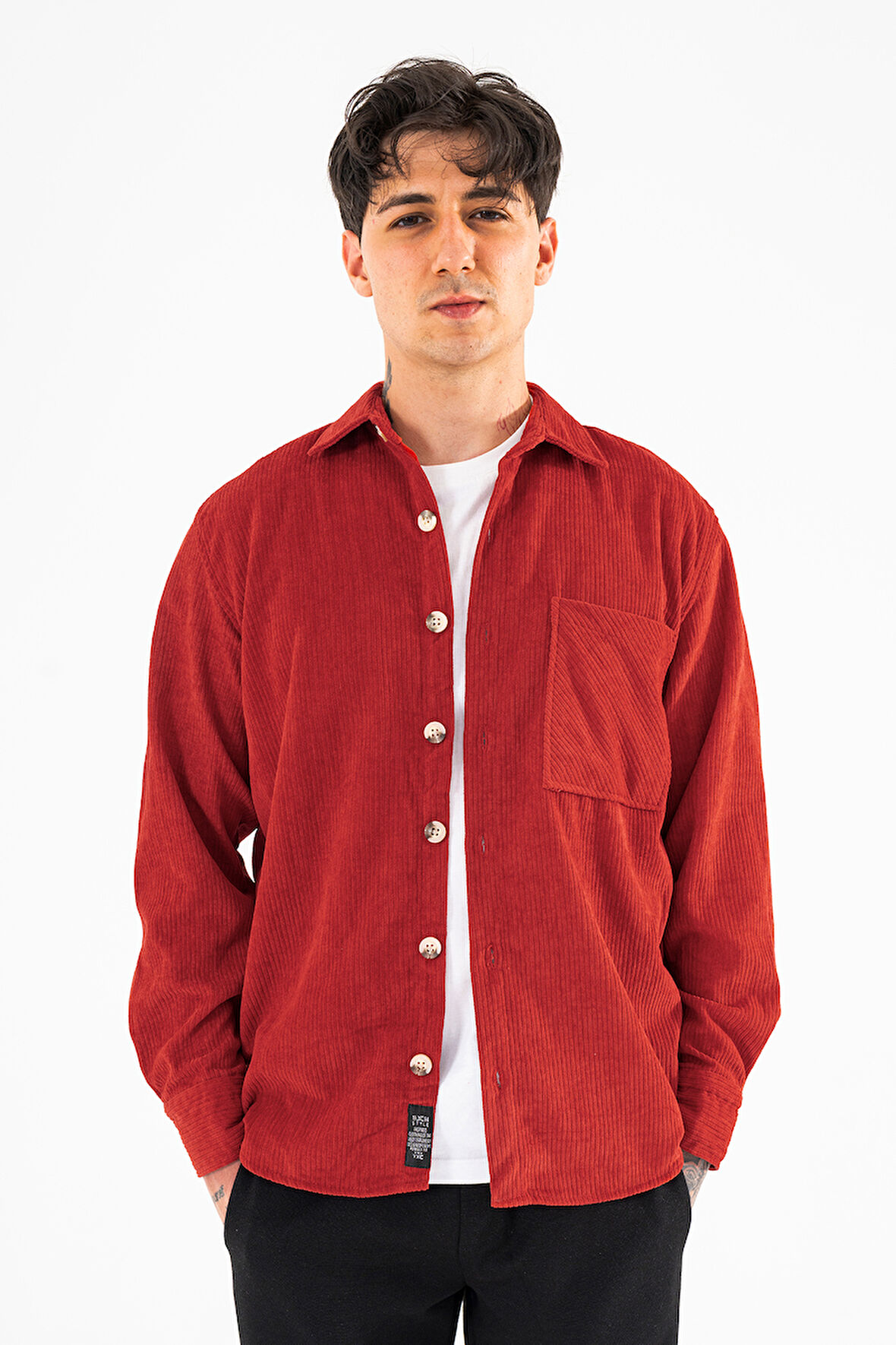 Erkek Kadife Gömlek Kiremit Rahat Kesim Uzun Kollu Tek cepli