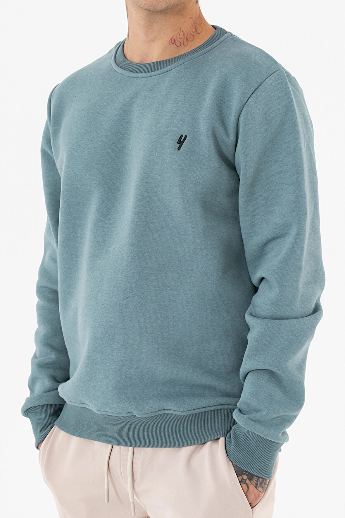 Erkek Siyah Sweatshirt Bisiklet Yaka Rahat Kalıp 3 iplik Şardonlu