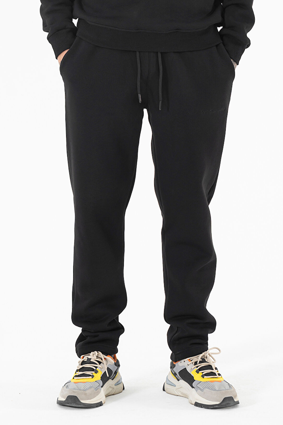 Erkek Siyah Eşofman Altı Rahat Kalıp 3 iplik Şardonlu Düz Paça