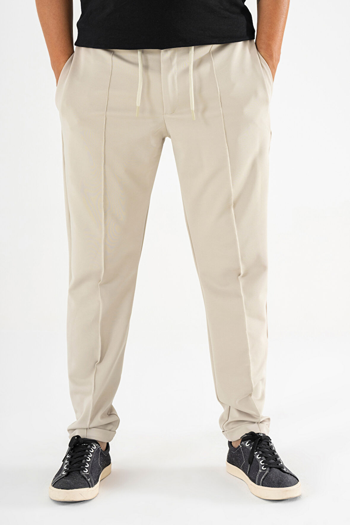 Erkek Krem Çımalı Rahat Spor Pantolon Duble Paça Jogger Eşofman Altı