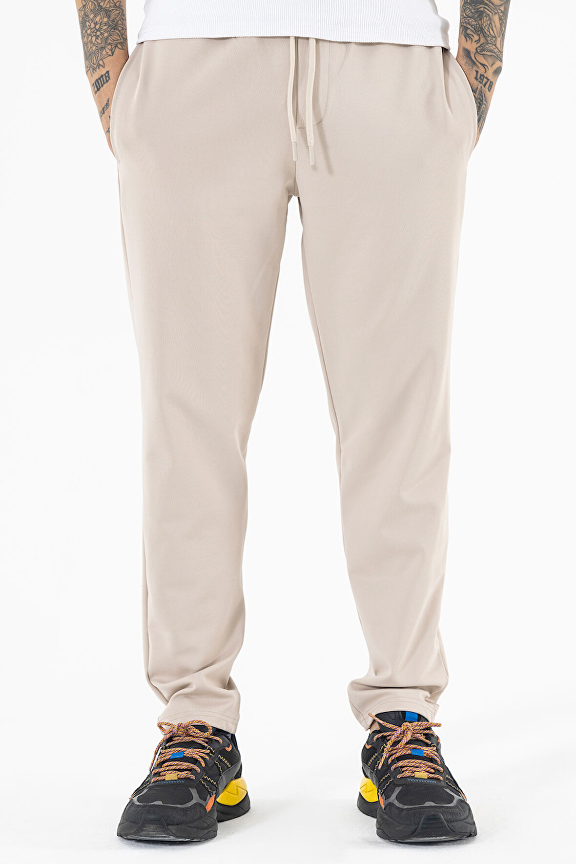 Erkek Krem Rahat Kesim Likralı Spor Pantolon İpli Bel Düz Paça