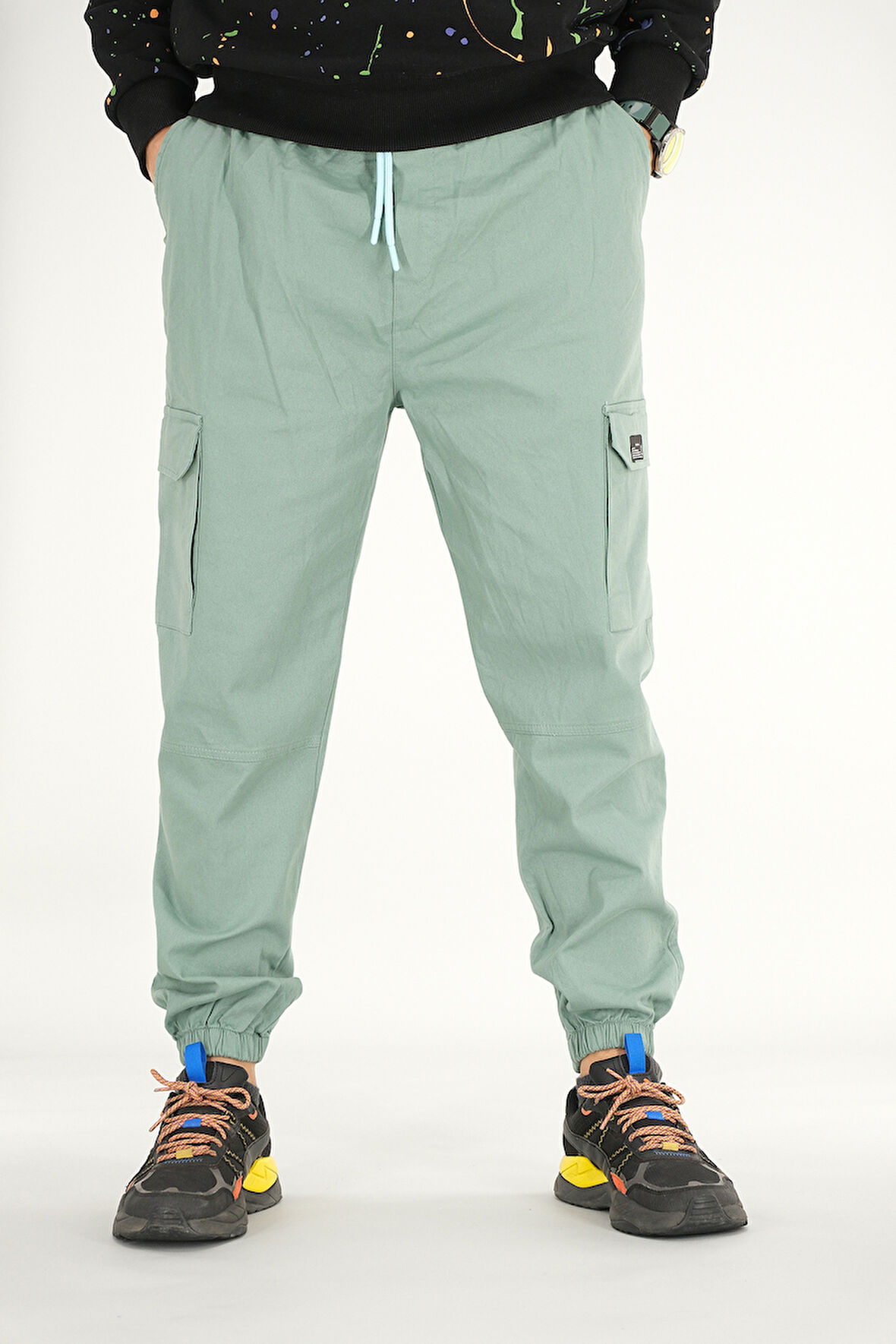 Erkek Mint Kargo Pantolon Rahat Kesim Pamuklu Lastikli Paça